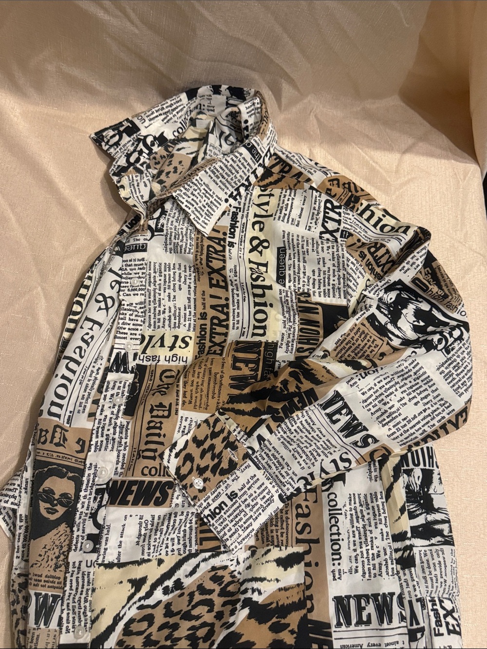 Newspaper Print Button-Up dress in Black, White & Tan